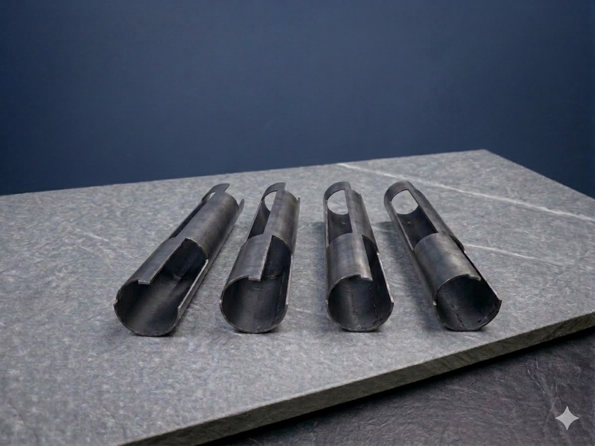 Precision-cut steel tube sections with complex angle profiles