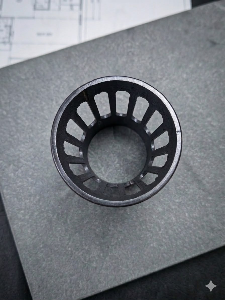 Top view of a precision-cut steel ring with radial slot geometry